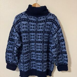 Hand Knit Fair Isle Turtleneck Sweater Blue Hadmade Oversized-Large